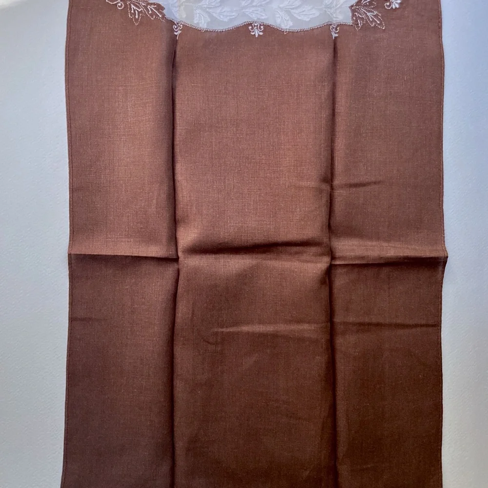Set of 2 Scalloped Cocoa & White Floral Embroidered Linen Tea Towels